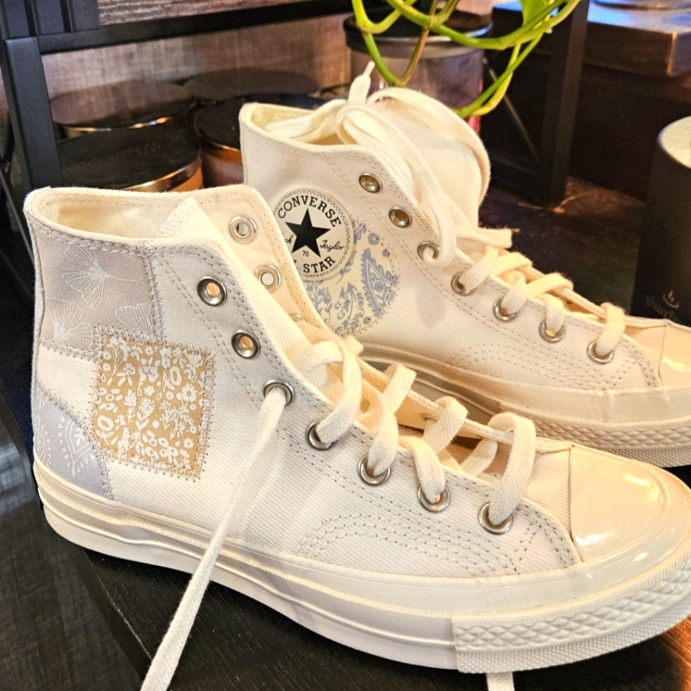 Converse High-Top Sneakers in Cream and Gray Patchwork